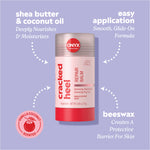Onyx cracked heel repair balm with features & ingredients highlighted on a purple background