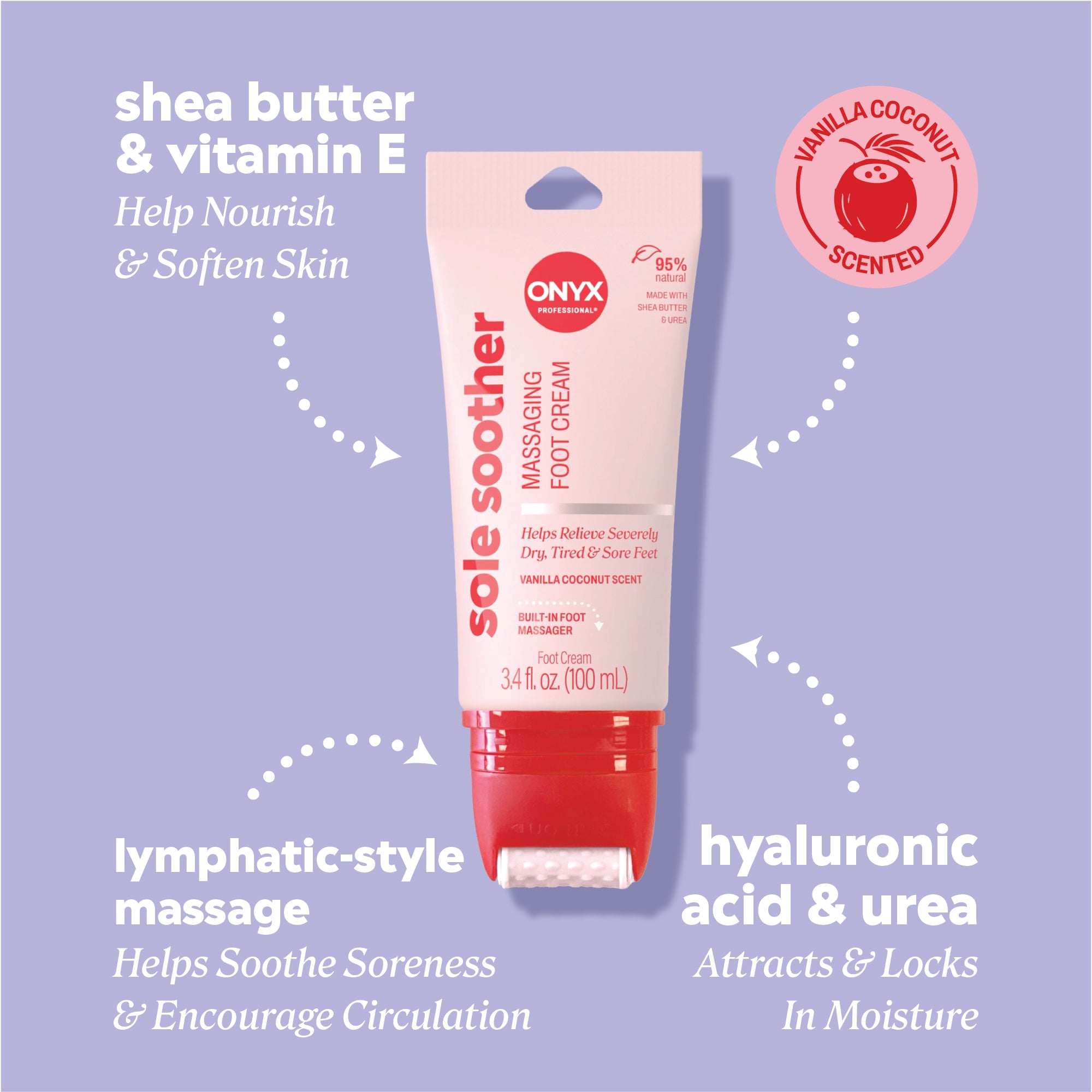 Sole Soother foot cream tube with ingredient callouts reading “shea butter — help nourish & soften skin,” “lymphatic‑style massage — helps soothe soreness & encourage circulation,” and “hyaluronic acid & urea — attracts & locks in moisture,” plus badge “vanilla coconut scented.”