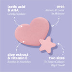 Heart‑shaped and star‑shaped pink callus pads displayed on a lavender background with callouts highlighting urea, lactic acid, aloe extract, and vitamin E benefits, along with a note showing two sizes for different areas of the foot.
