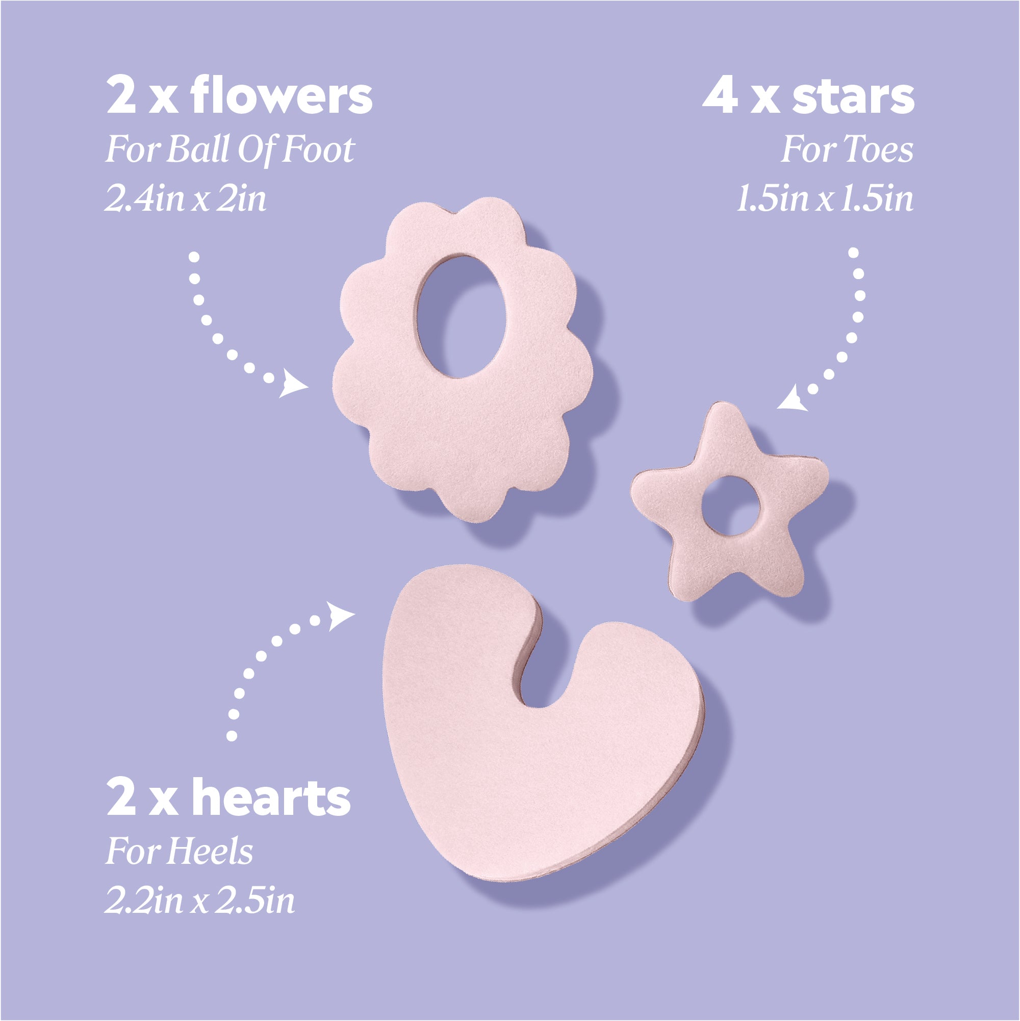 Includes 2 2.4 by 2 inch  flower shaped cushions for the ball of the foot; 4 1.5 by 1.5 inch stars for the toes; and 2 2.2 by 2.5 inch hears for the heels. 