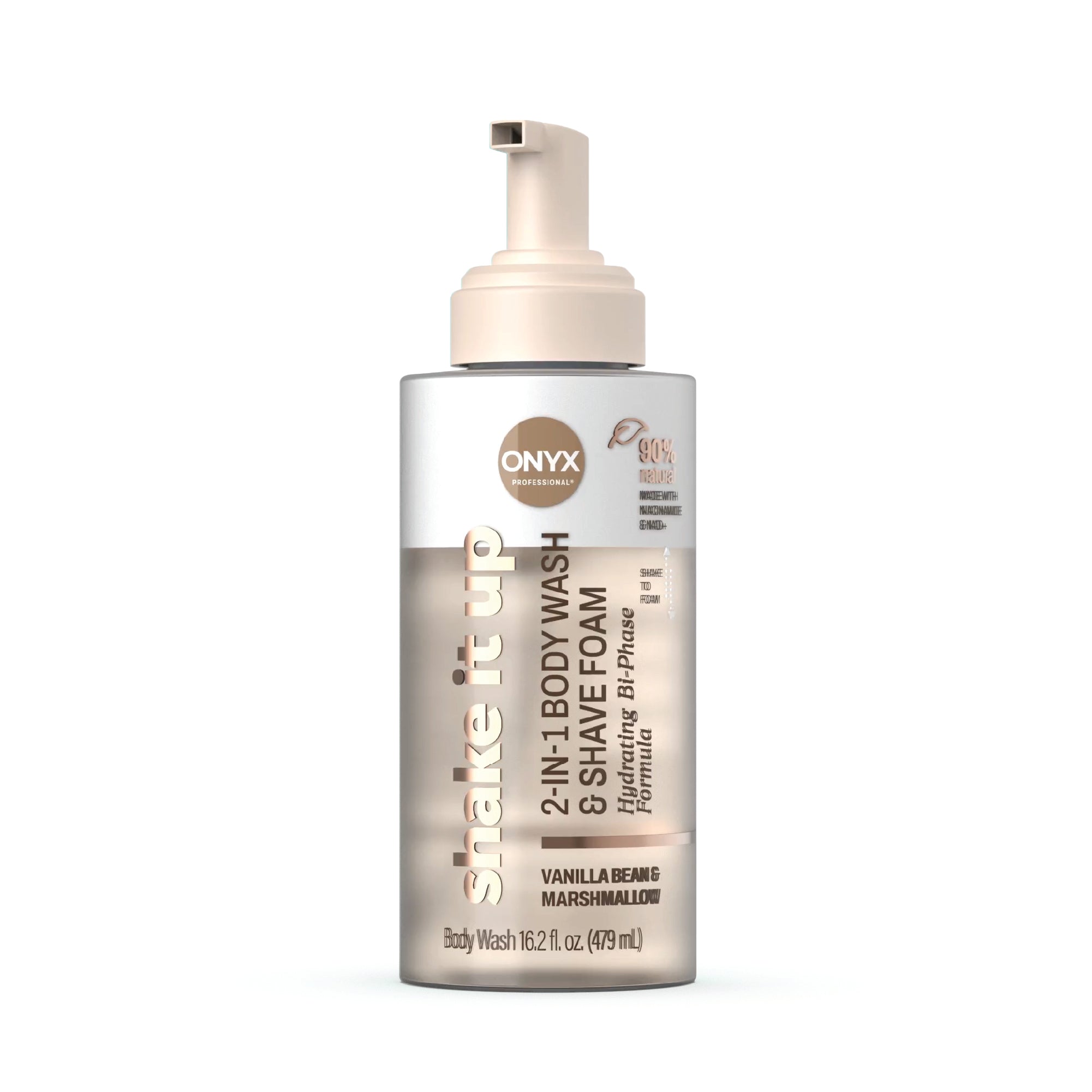 Onyx 2-in-1 body wash and shave foam bottle on a white background