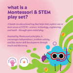 The graphic text reads: “what is a Montessori & STEM play set? A hands‑on educational toy that helps kids explore one or more areas of STEM—science, technology, engineering, and math—through open‑ended play. Inspired by Montessori principles, it encourages independence, problem‑solving, and fine motor skill development through touch and discovery." 