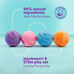 Four colorful sphere-shaped bath bombs arranged in a row on a teal background with dotted arrows showing their order. Text reads ‘96% natural ingredients, made with shea butter’ and ‘Montessori & STEM play set.’
