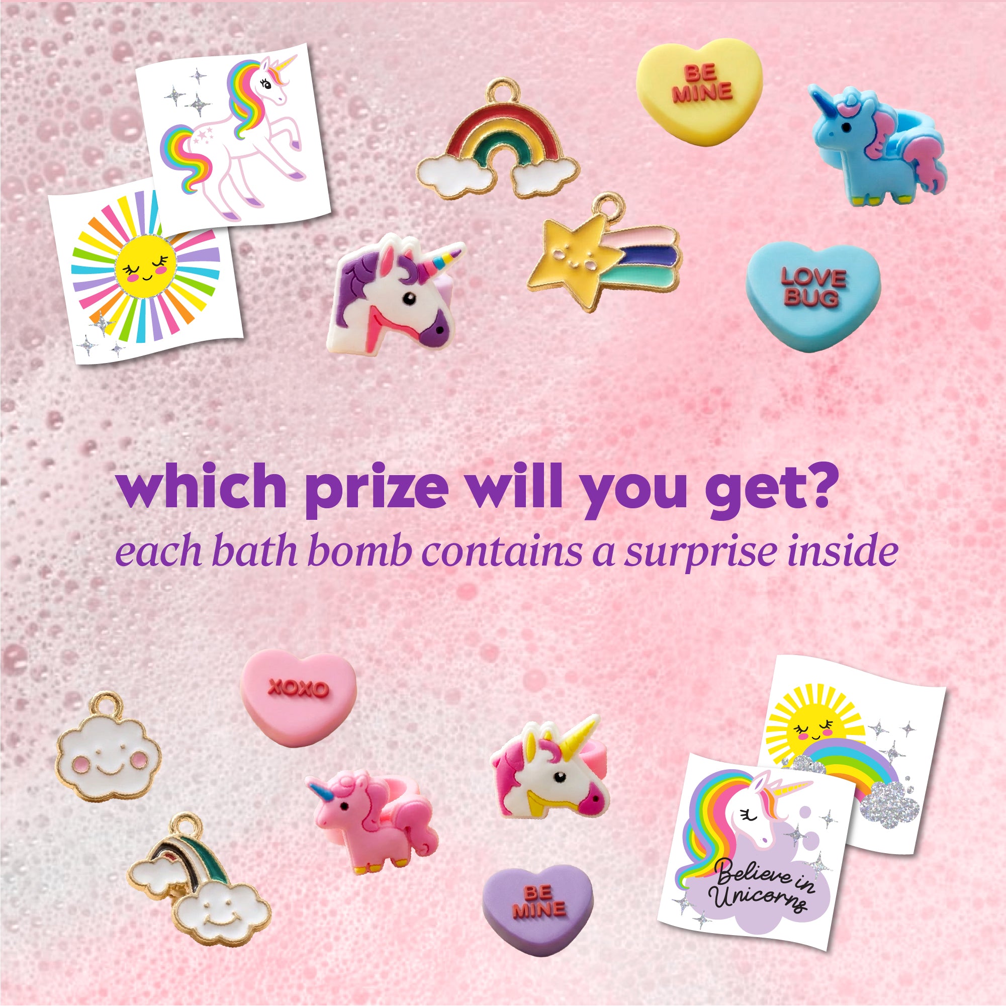 Pink-speckled background showing various small collectible prizes, including tattoos, charms, and rings, with text reading ‘which prize will you get? each bath bomb contains a surprise inside.’