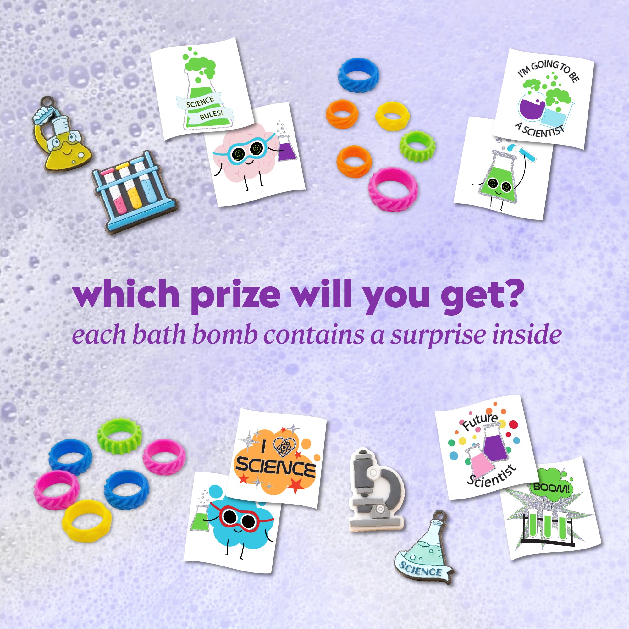 Purple-speckled background showing several small collectible prizes, such as stickers and trinkets, with text reading ‘which prize will you get? each bath bomb contains a surprise inside.’ Prize illustrations include rings, non-permanent tattoos, and charms. 
