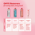 Graphic comparing four Onyx Professional nail polish removers—100% Pure Acetone, Soak Off, Strengthening 3‑in‑1, and Non‑Acetone Cream—displayed across the top. A chart below explains what each remover is best for, including 100% acetone for fastest removal, soaking removal for gel, strengthening removal to hydrate nails, and gentle non‑acetone removal for the whole family.