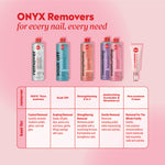 Onyx Professional nail polish remover comparison:
The 100% Pure Acetone Remover removes polish quickly. The Soak Off Remover is made for gel polish. The Strengthening 3‑in‑1 Remover removes polish while hydrating and strengthening nails. The Lavender and Strawberry Scented Remover is ideal for everyday use and moisturizes nails and cuticles. The Non‑Acetone Cream Remover is gentle, free from harsh chemicals, suitable for the whole family, and nourishes nails and cuticles.