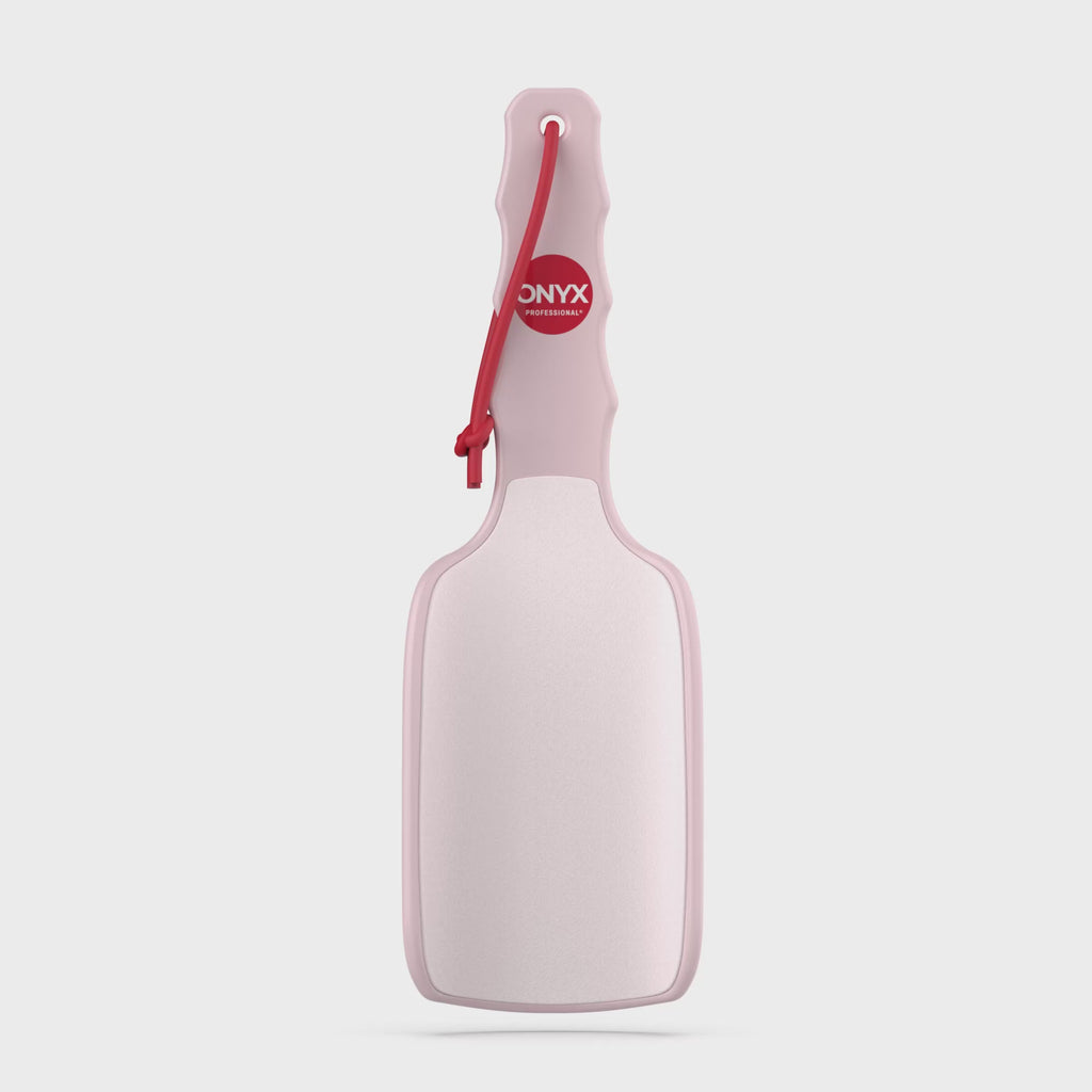 The video rotates the product 360 degrees to show the front, back, sides, top, and bottom of the XL, pink, curved foot file. There is no audio.