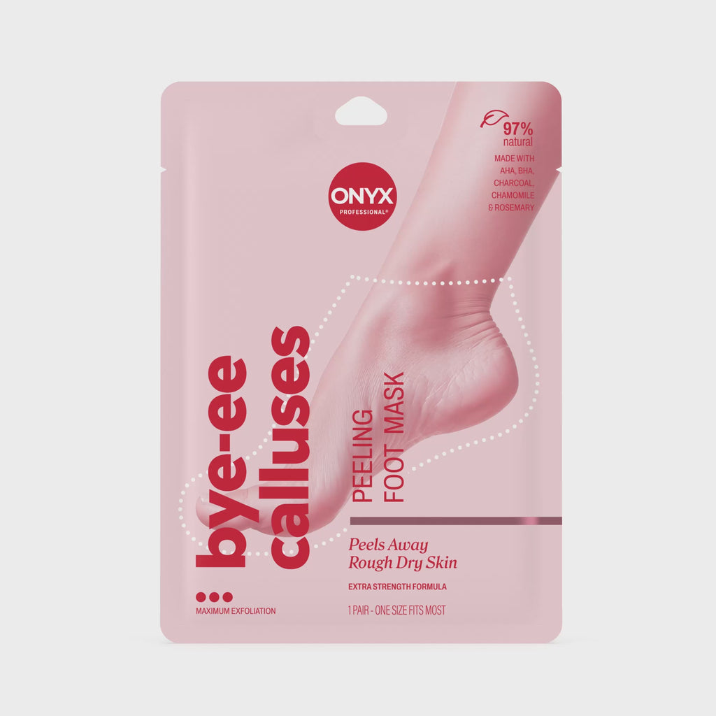 The video rotates the product 360 degrees to show the front, back, sides, top, and bottom of the Bye-ee  Calluses Peeling Foot Mask. There is no audio.